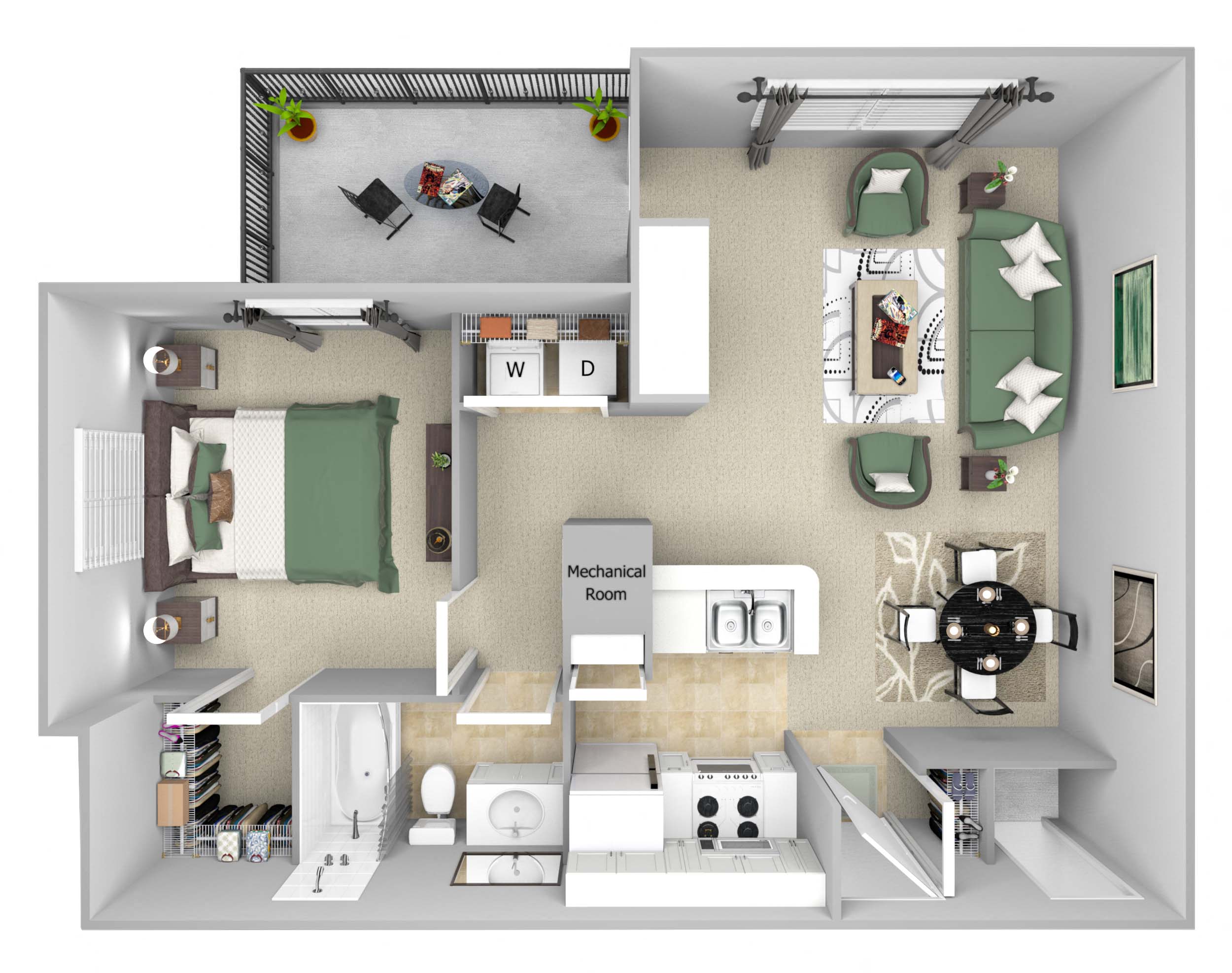 Floor plan for 1 bed, 1 bath, 719 sqft